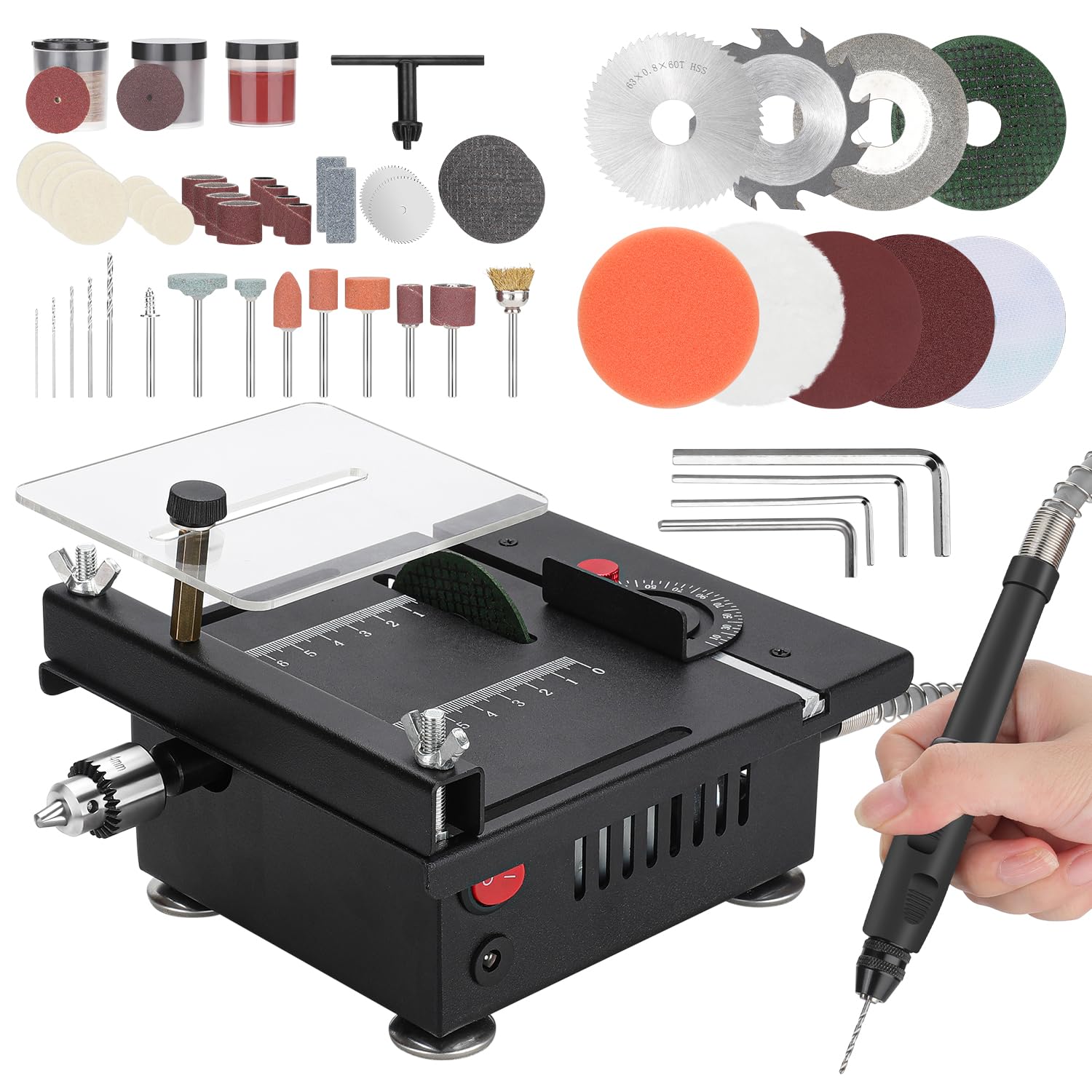 Photo 1 of LVCHEN Mini Table Saw, Carving Cutting and Sanding in one Tabletop Chainsaw, Speed And Angle Adjustable 100w Mini Crafts Table Saw