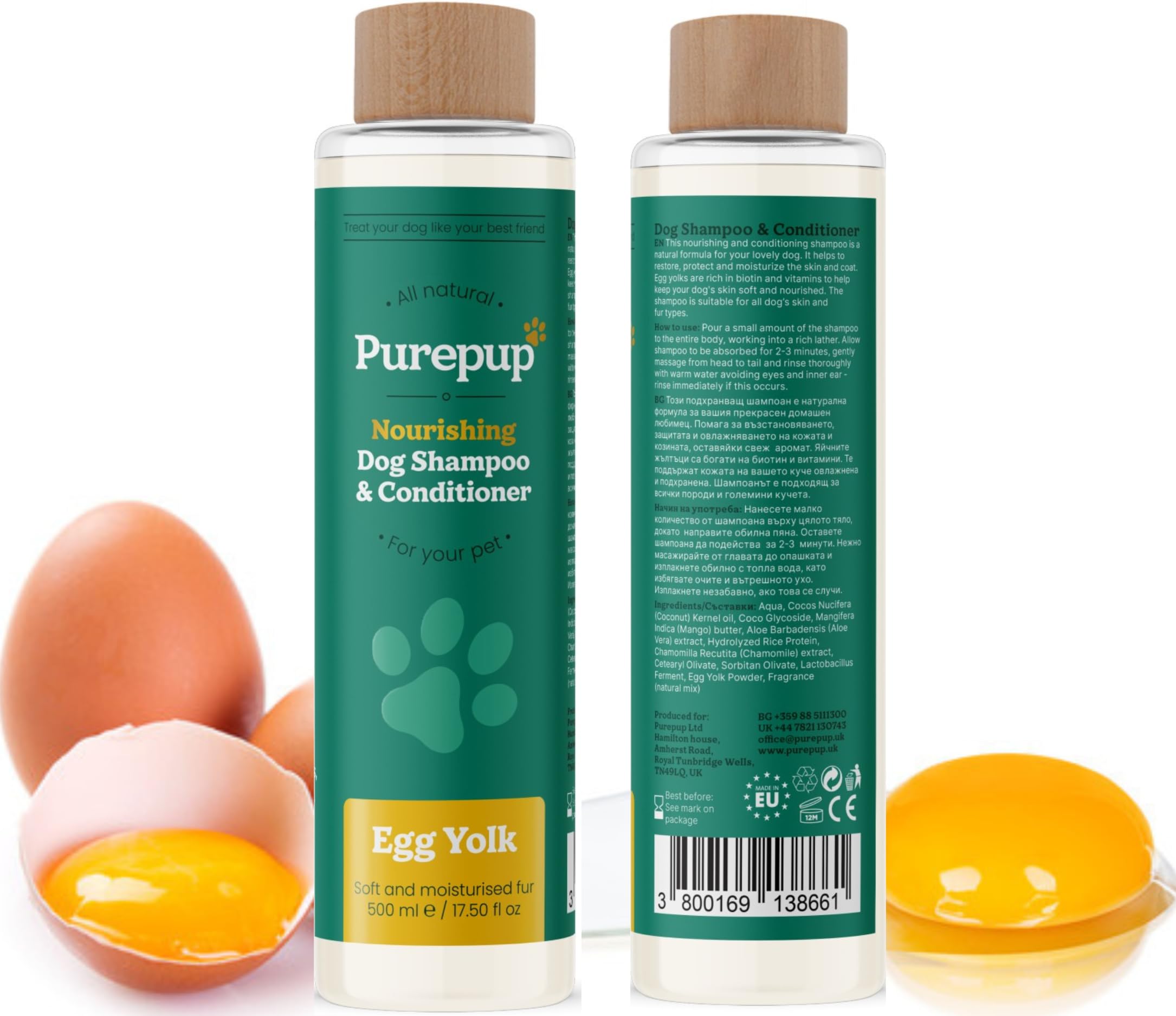 PUREPUP All Natural Nourishing Dog Shampoo & Conditioner 2 in1 with Egg Yolks; Sulfate Free; Soap Free; Free Tearless Moisturizer for Itchy Dry Sensitive Skin; Puppy; Grooming; Big Size Package