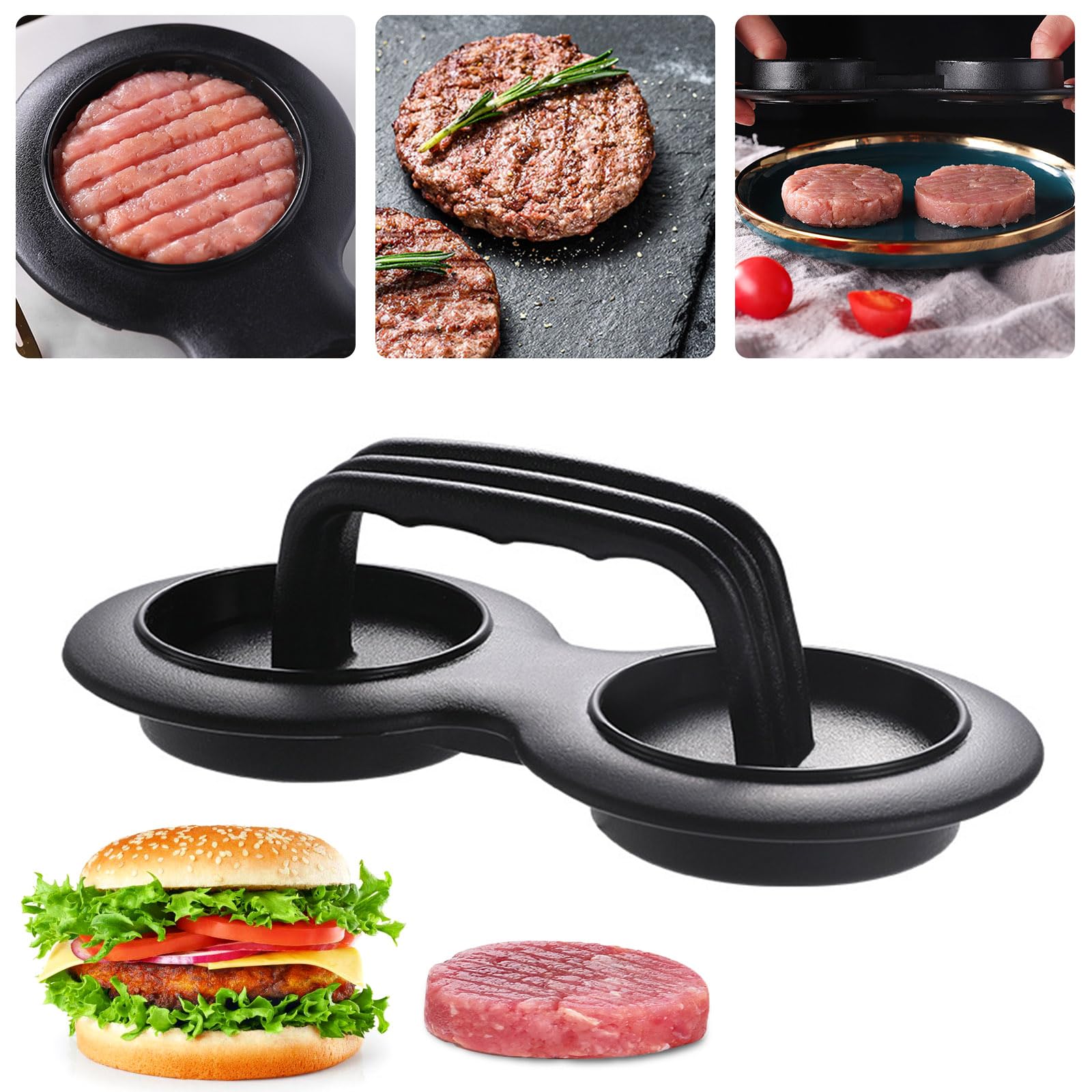 Noekye Burger Hamburger Meat Press Patty Maker Smasher - 2 Stuffed Burgers Made in Seconds Non-Stick, Black