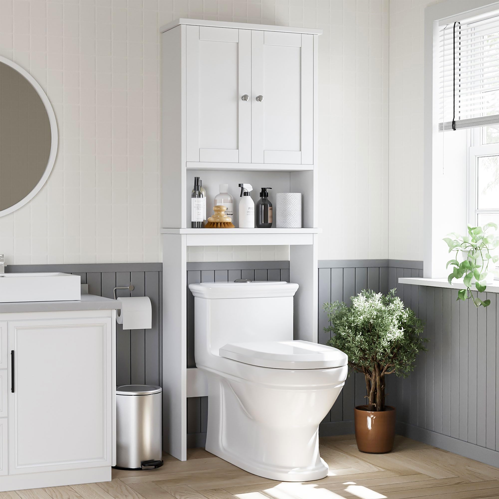 Photo 1 of (PARTIAL SET) Shintenchi Over The Toilet Storage Cabinet, Bathroom Shelf Organizer with Anti-Tip Device Small Freestanding Space Saver with Adjustable Shelf?White