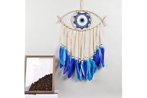 MAOFENG Feather Evil Eye Dream Catcher Natural Handmade Materials Moderate Size, Dream Catcher for Girls Bedroom, Dream Catchers for Bedroom Adult（Yellow Blue）