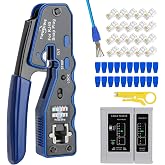 RJ45 Crimp Tool Kit Pass Thru Ethernet Crimper for Cat5e Cat6 Cat6a 8P8C Modular Connectors, All-in-One Cat6 Crimping Tool and Tester(9V Battery Not Included)