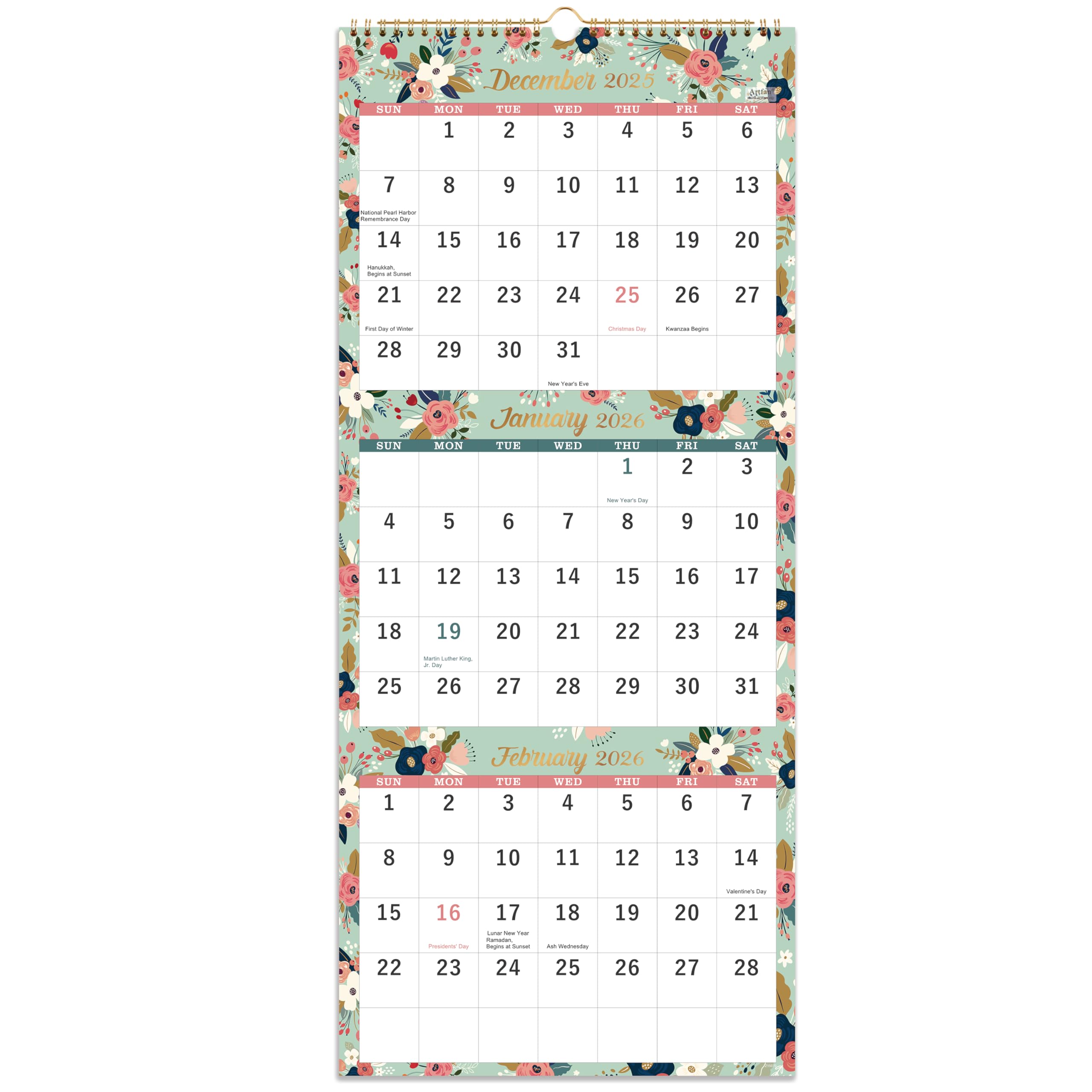 Photo 1 of 2026 Calendar - 2026 Wall Calendar, 3-Month Wall Calendar Display (Folded in a Month), Jan. 2026 - Dec. 2026, 11" x 26", 3 Month Calendar - Floral