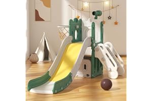 YUFU 6 in 1 Toddler Slide, Kids Climber Slide with Basketball Hoop and Ball, Indoor Outdoor Playset for Toddlers Age 1-3 (Yellow Green)