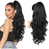 REECHO Ponytail Extension, 26 Inch Drawstring Ponytail Extension Long Curly Wavy Pony Tails Hair Extensions Natural Fake Synthetic Clip in Ponytail Hairpiece for Women Daily, Natural Black