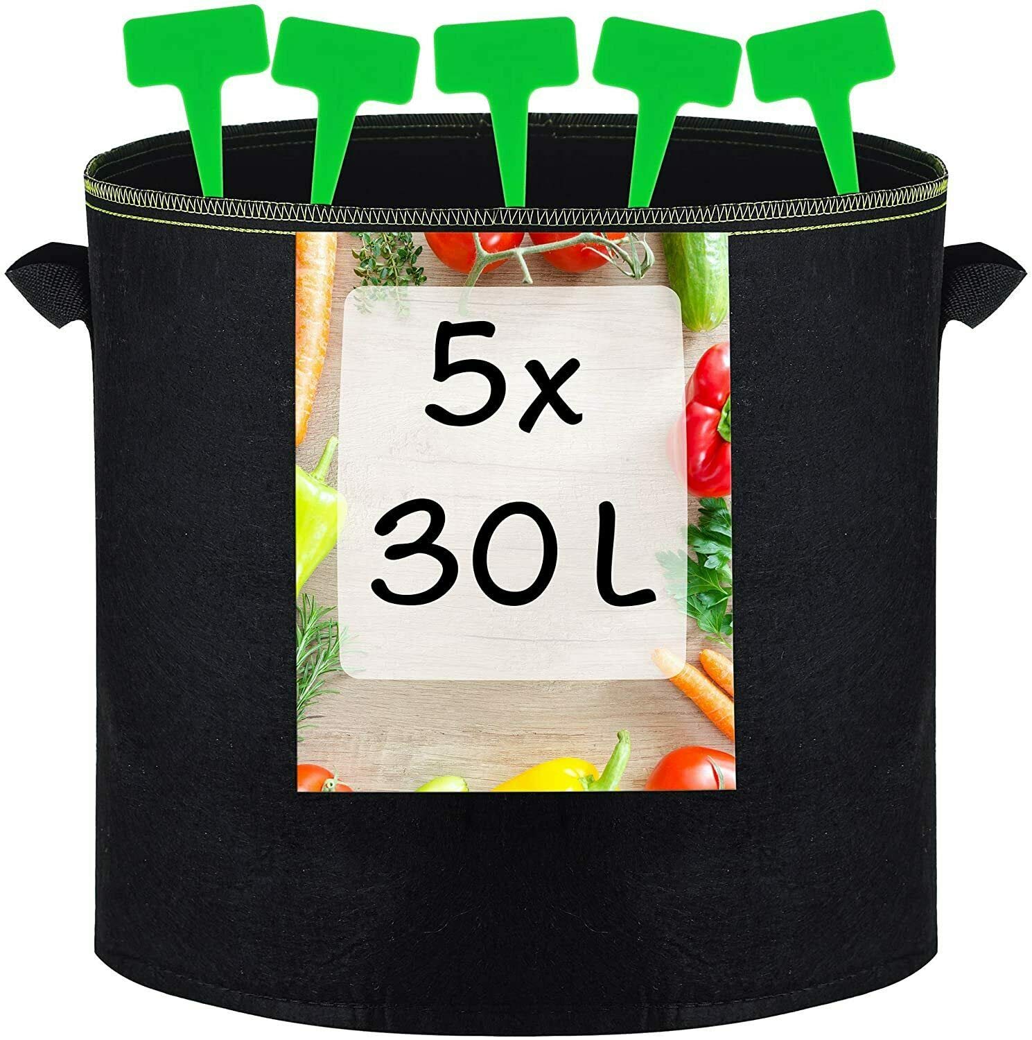 Plant Bag, 5 x 30 Litres, Non-Woven Fabric with Plant Labels for Labelling, with Handle, for Vegetables and Plants