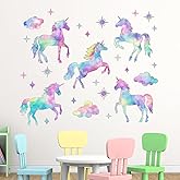 Mfault Galaxy Unicorn Watercolor Wall Decals Stickers, Pastel Gradient Glitter Clouds Stars Nursery Decorations Baby Bedroom Art, Toddlers Kids Girls Boys Room Playroom Decor
