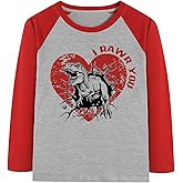 Kids Valentine Shirts Love Dinosaur Graphic Raglan Long Sleeve Tees Cotton Vday Tshirts 4-13T