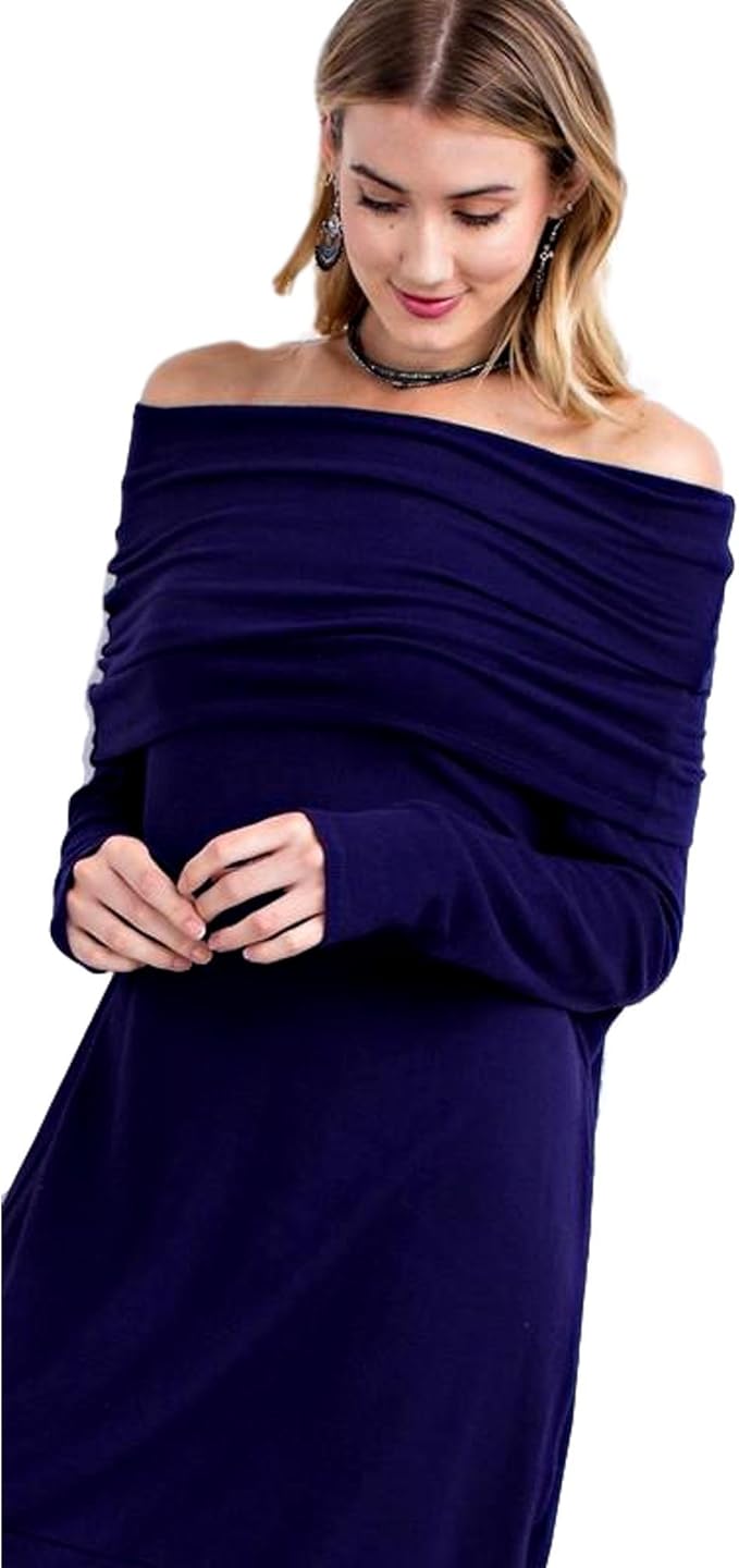 Easel Oversized Cowl Neck Sweater Off Shoulder Tunic Dress, Blue Violet - L at Amazon Womenâs 