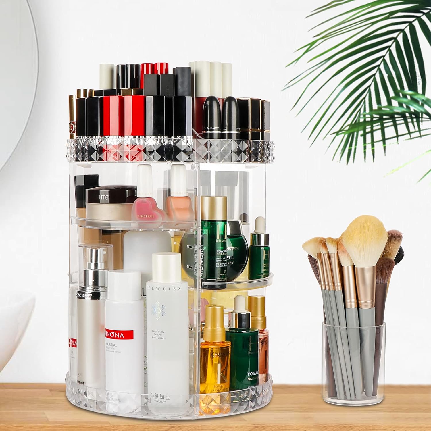 OurWarm 360 Rotating Makeup Organizer, Large Capacity Cosmetic Organizer Storage with 4 Adjustable Trays & Makeup Brush Holder, Clear Acrylic Cosmetic Display Cases for Vanity Dresser Bathroom: Home Improvement