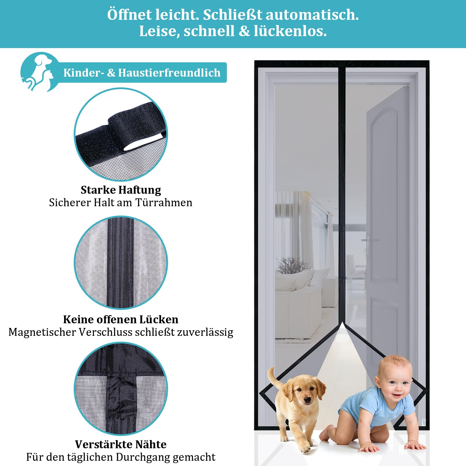 Apalus VP Fliegengitter Tür, Magnet Insektenschutz Balkontür 90x210 cm, 2 x Langlebiger als der Apalus Klassiker, Katzenkrallen Sicher, Stärkere Magneten, 3.8 cm Breites Klettband, Nicht Kürzbar 9