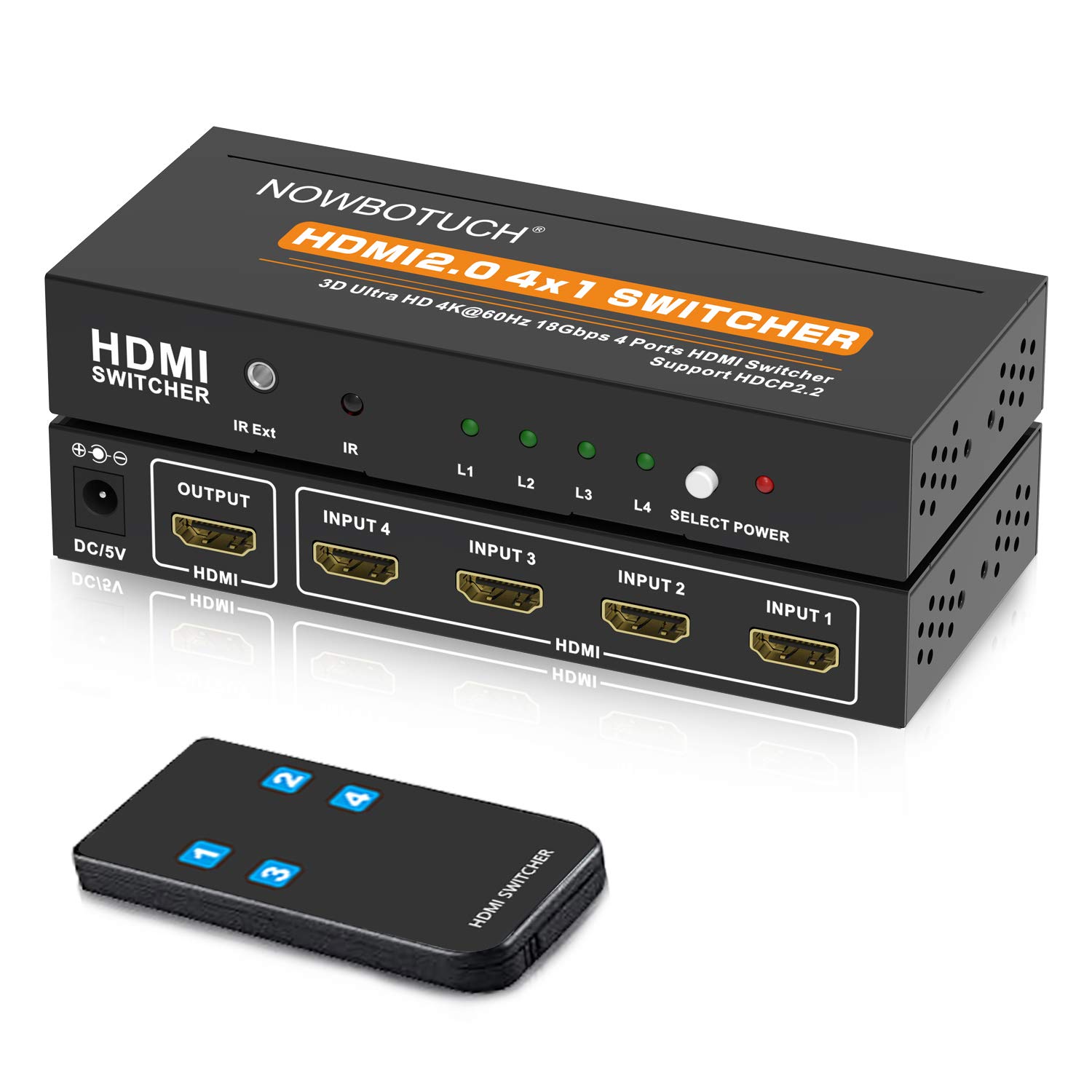 NOWBOTUCH 4K@60Hz 4x1 HDMI 2.0 Switch Selector 4 Port HDR IR Remote 4Kx2K Box 4 in 1 Out UHD Switcher Support HDR 18Gps HDCP 2.2 Dolby Vision Ultra HD 3D 2160P 1080P