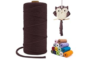 LEREATI Single Strand Macrame Cord 3mm x 110yards, Brown 3mm Macrame Cord Natural Cotton Macrame Rope Yarn, Thick Cotton Cord for Wall Hangings, Plant Hangers, DIY Crafts, Home Decorations