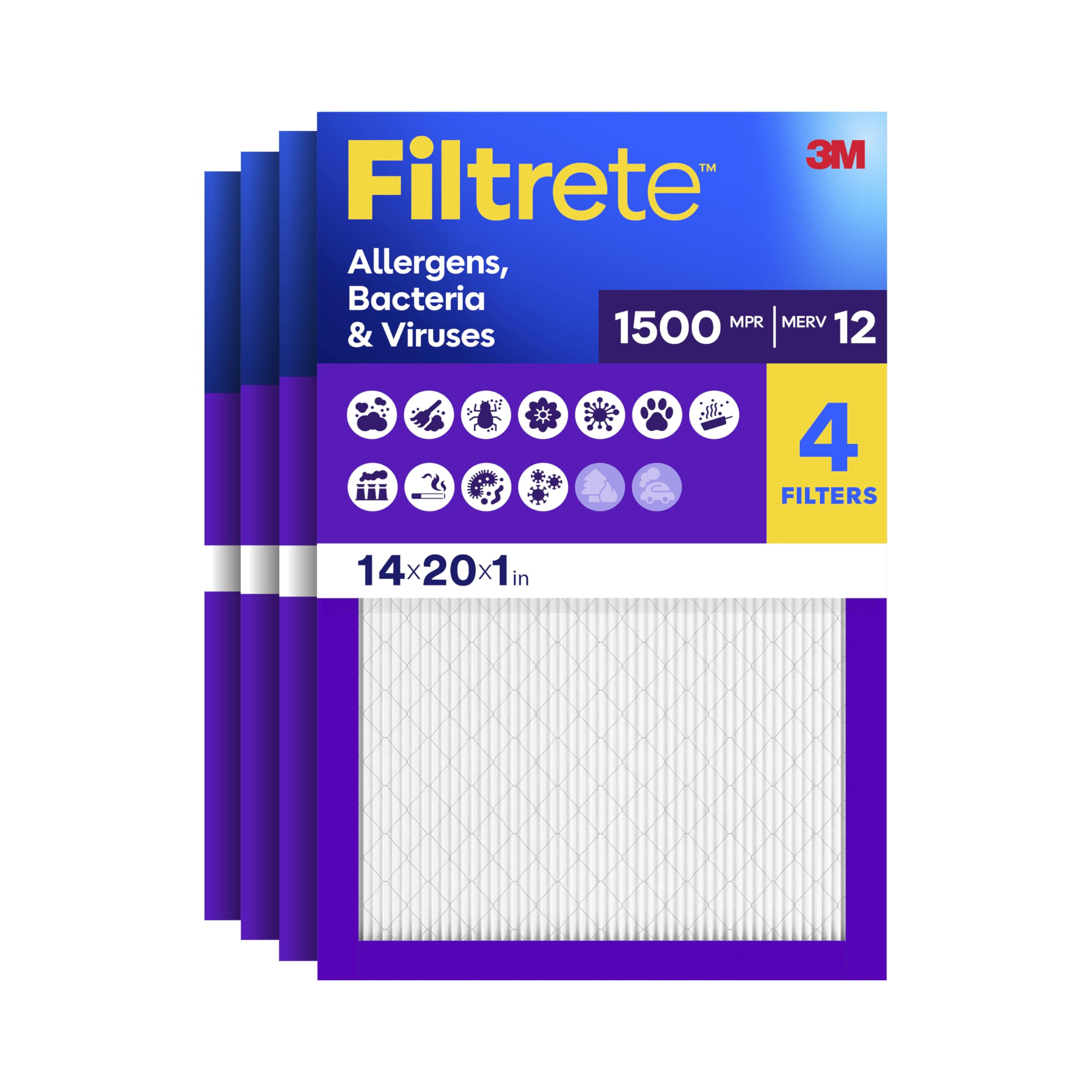 Filtrete 14x20x1 Air Filter, MERV 12, MPR 1500, Allergens, Bacteria & Viruses, 3-Month AC and Furnace Filters, Cleaner Air, Reliable Airflow, 4 HVAC Filters (Actual Size 13.62 x 19.62 x 0.78 in)