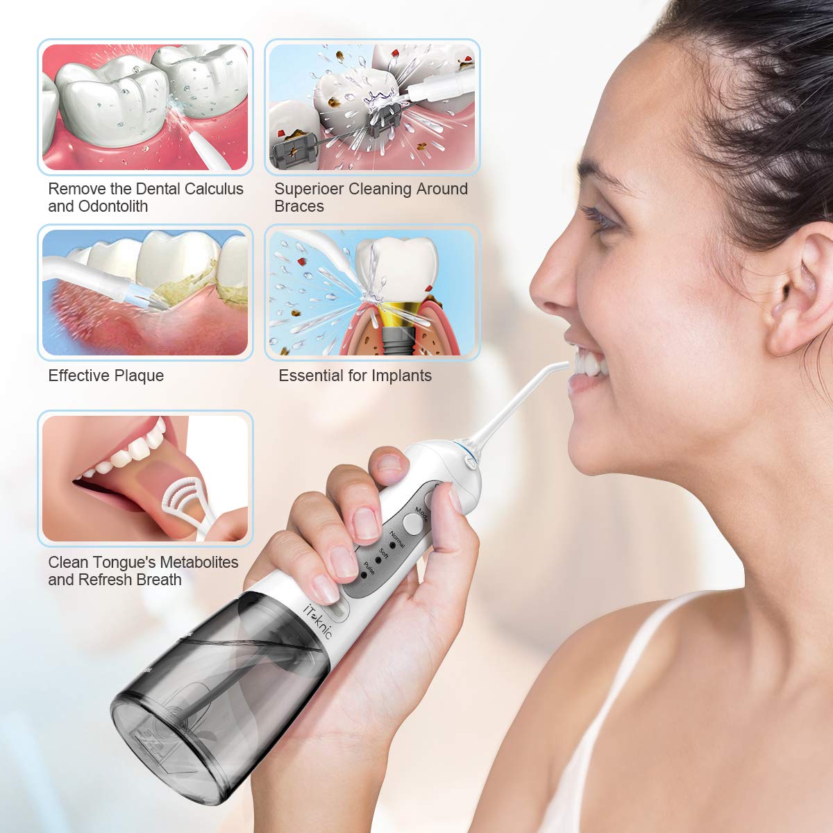 Water Flosser Teeth Cleaner, iTeknic Professional Cordless Dental Oral Irrigator 300ML Portable and Rechargeable IPX7 Waterproof 3 Modes Water Flossing with 5 Jet Tips for Home and Travel- Grey