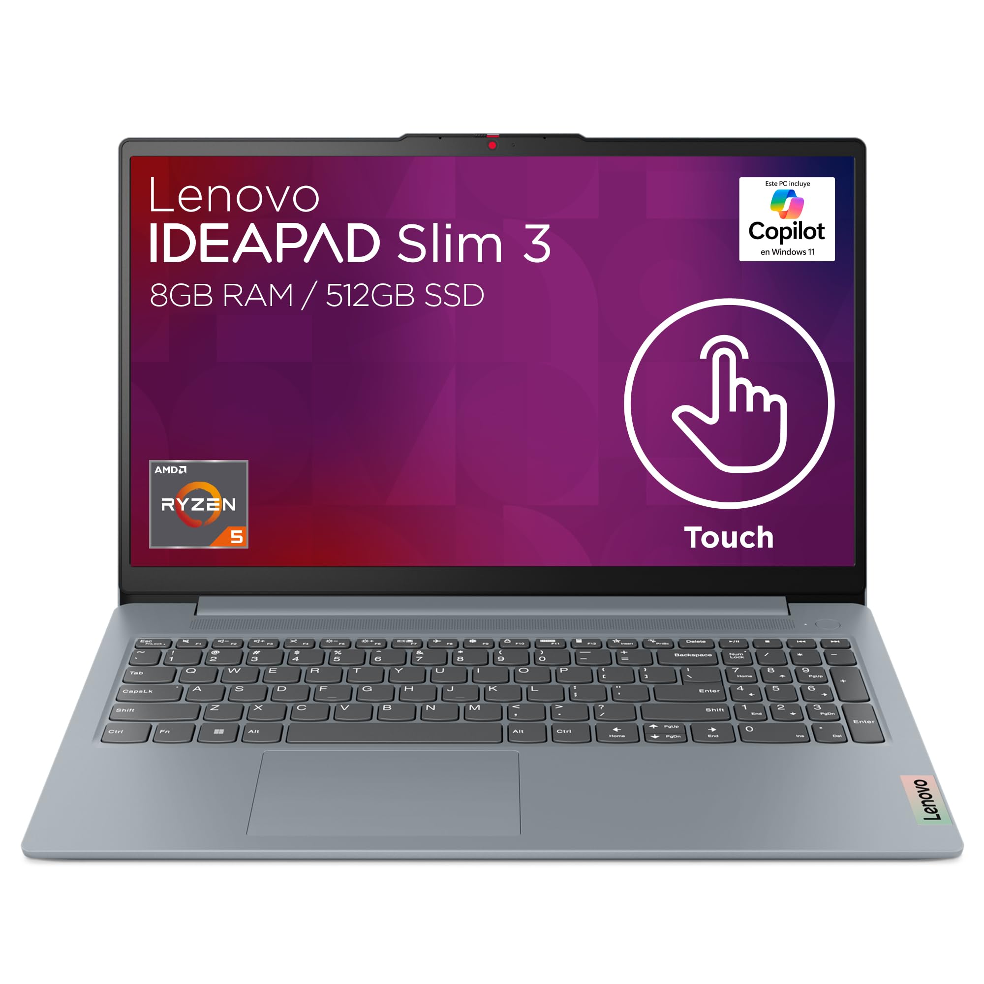 Lenovo IdeaPad Slim 3 15ABR8 Laptop | 15.6" FHD Touchscreen AMD Ryzen 5 5 7430U 8GB RAM 512GB SSD | Dolby Audio HD Camera 720p | Windows 11 Home Arctic Grey