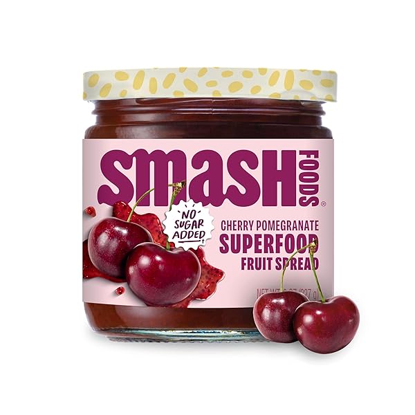 SMASH FOODS CHERRY POMEGRANATE JAM | LOW-CALORIE, NO SUGAR ADDED KETO JAM WITH UPCYCLED FRUIT & CHIA SEEDS | VEGAN, PALEO SUPERFOOD FRUIT SPREAD (1 JAR)