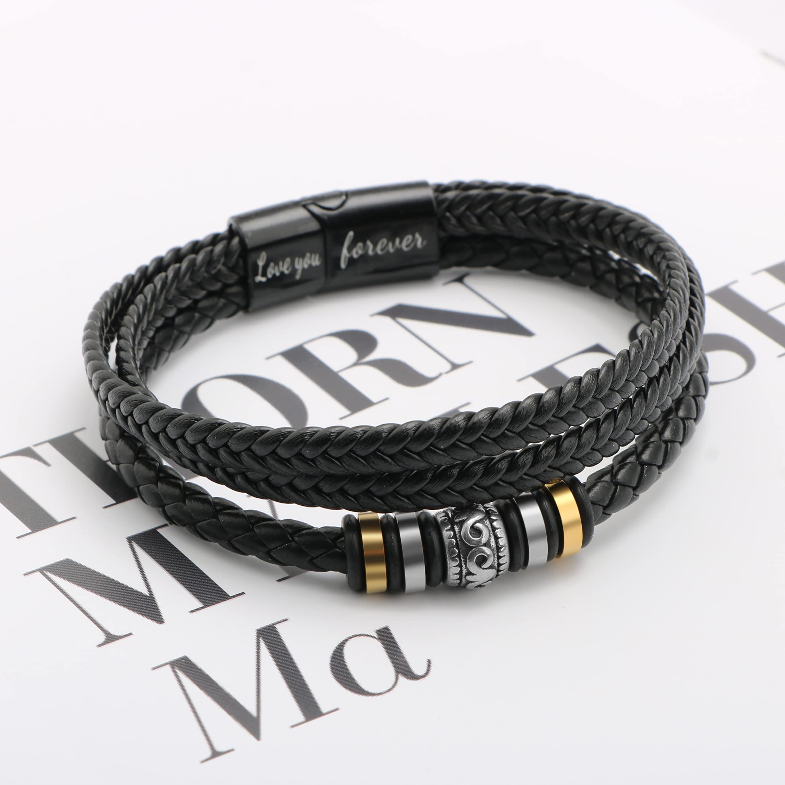 Leather Bracelet for Men Multi-Layer Braided Leather Bracelet with Clasp Black Inspirational Bangle Bracelet Wristband Christmas Birthday Valentine's Day Gifts for Boyfriend Husband Dad Brother Son Grandson