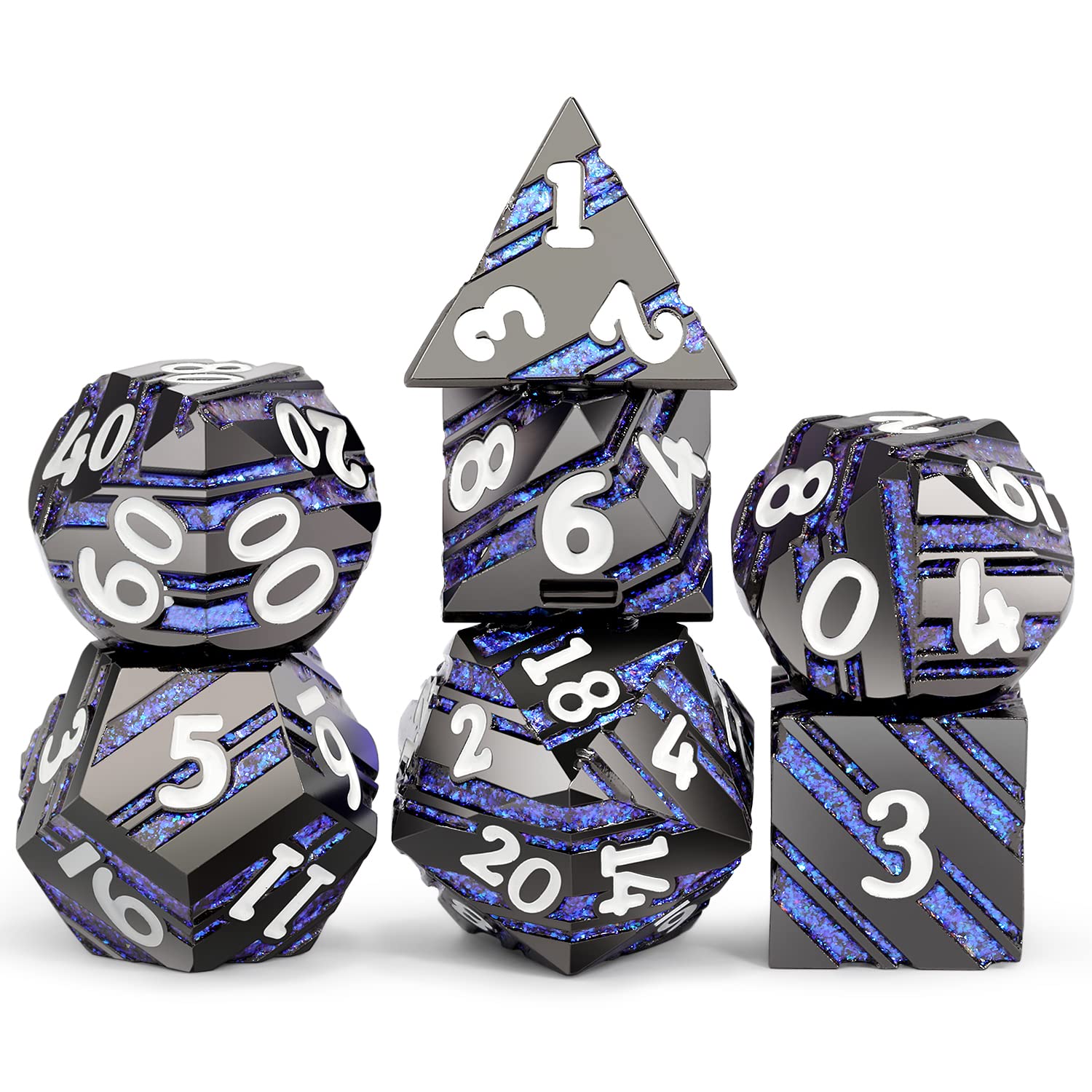 Dice Set D&D,DNDND Metallic Stripes Dice with Gift Case for Dungeons and Dragons DND (Nickel-Plated with Blue Stripes)