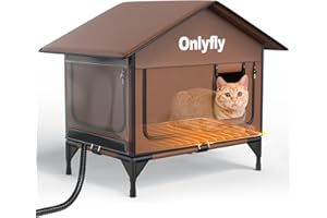 ONLYFLY Heated Cat House for Outside: Heated Outdoor Cat House Weatherproof, Elevated Insulated Cat Shelter for Winter with Escape Door for Strays Feral Barn Cats Backyard Farm Porch（Brown）