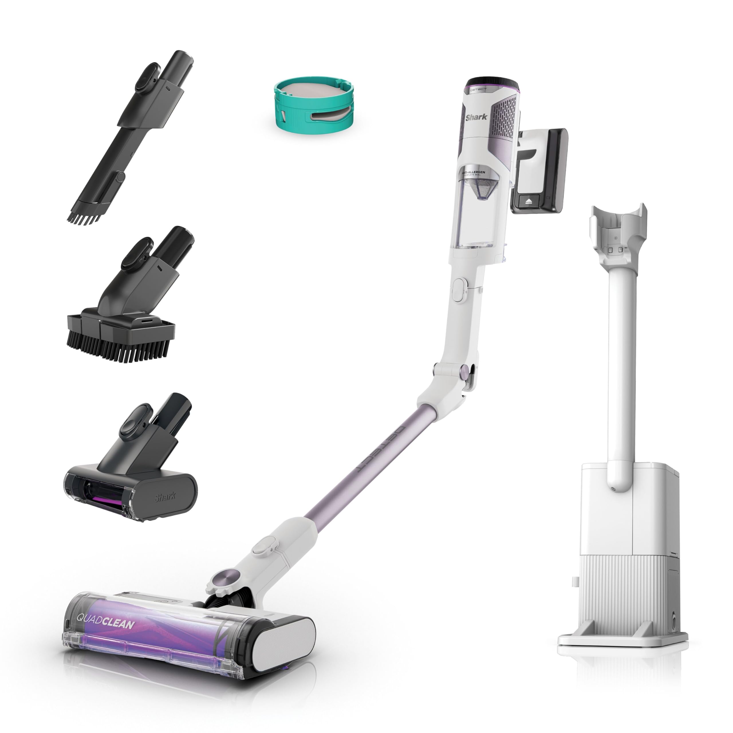 Shark Detect Akku-Staubsauger mit Absaugstation, bis 60 Min. Laufzeit, kabellos, für Tierhaare, Allergiker, Teppich & Hartböden, mit LED-Licht, 3 Aufsätze, weiß,; Haustier-Set + Geruchskontrolle