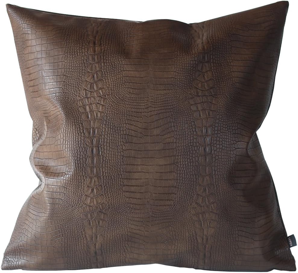 Kdays Dark Brown Crocodile Skin Thick & Soft Faux Leather Pillow Cover Decorative for Couch Throw Pillow Case Brown Leather Cushion Modern Minimalist Waterproof Pillow Cover 22x22 Inches