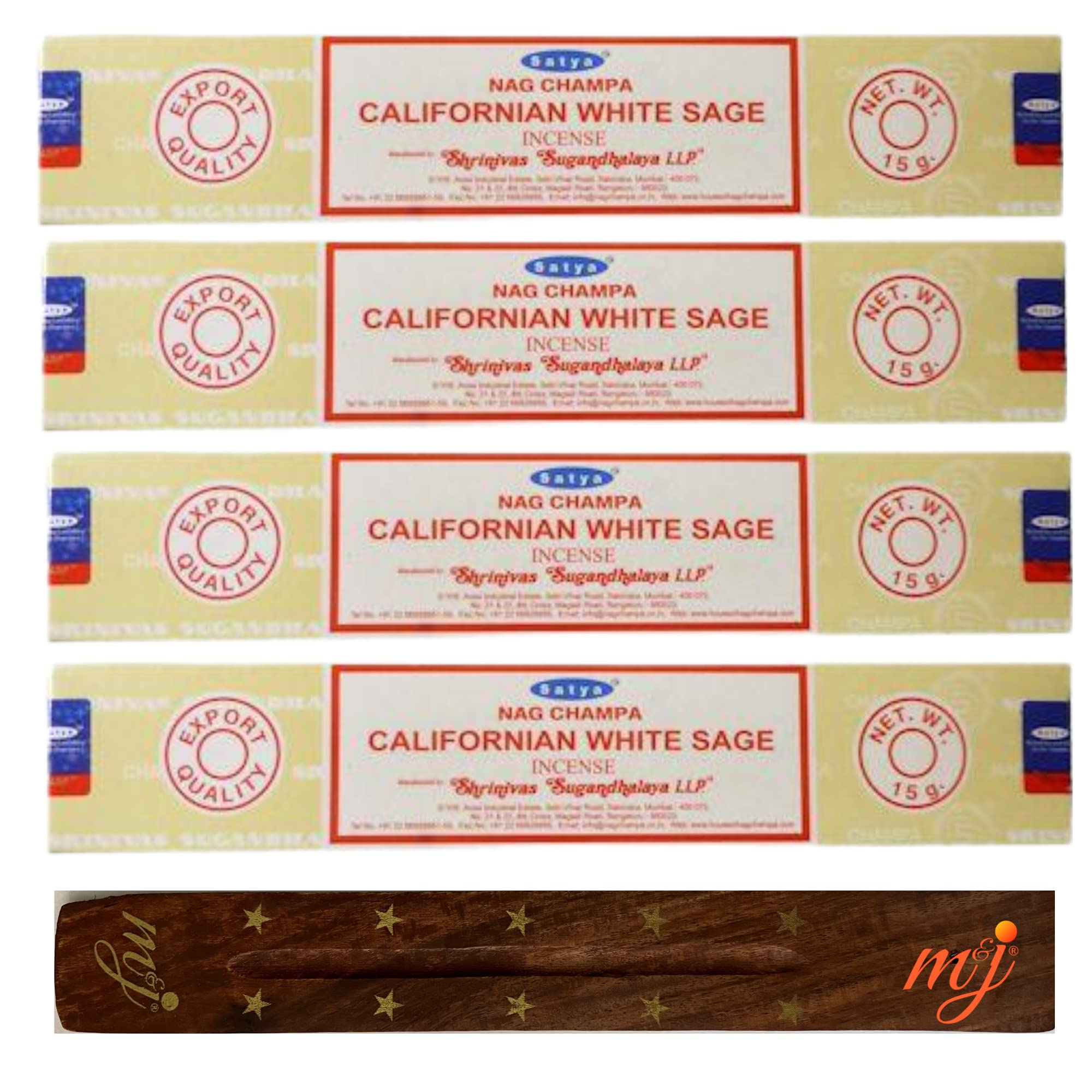Original Satya Nag Champa Californian White Sage Incense Sticks | with M&J incense sticks holder | x4 pack | for Aromatherapy, Spa, Yoga, Weddings, Meditation, Healing, Positivity and Relaxation — image 1