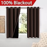Flamingo P Full Blackout Brown Curtains Faux Silk Satin with Black Liner Thermal Insulated Window Treatment Panels, Grommet Top (52 x 63 Inch, Set of 2)