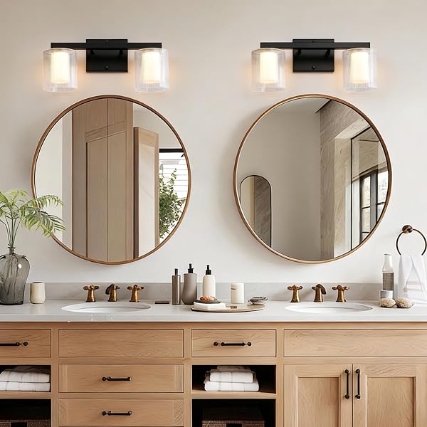 NWAPRH 2-LIGHT BATHROOM VANITY LIGHT, 15.75″ MATTE BLACK LED BATHROOM LIGHT FIXTURE WITH RIBBED GLASS SHADES, 3000K WARM WHITE WALL SCONCE, UP/DOWN MOUNT MODERN LIGHTING FOR MIRROR CABINET