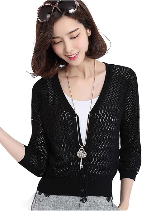 レディース ファッション 無地 カーディガン アウター トップス 着こなし ニット セーター スウェット 七分袖 透かし雕り 薄手 カジュアル 通勤 カシミヤ 裏起毛 Sweet Berry カーディガン ボレロ 通販 Amazon