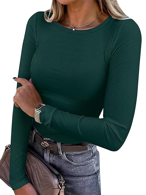 ANRABESS Women Long Sleeve Shirts Rib Knit Slim Fit Tops Basic Tee 2025 Fall Outfits Casual T-Shirt Underscrubs Layer Clothes Forest Green Medium