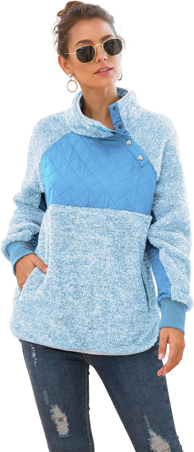 VIISHOW Women's Long Sleeves Quilt Coat Turtleneck Oblique Button Neck Fleece Pullover Coat Sweatshirts Outwear with Pocket at  Women’s Clothing store