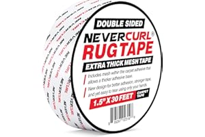 iPrimio NeverCurl Double Sided Extra Thick Rug Tape for Area Rugs on Carpet with Mesh Fabric - 1.5" by 30 Feet Roll - Anti Slip Non Skid Gripper Tape for Rugs, Mats, Pads, Runners