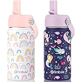 Fimibuke Kids Insulated Water Bottle, 14oz BPA FREE Double Wall Vacuum Tumbler 18/8 Stainless Steel Leak Proof Kids Cups with Straw Metal Water Bottle for School Boy Girl (2 Pack, RAINBOW/MERMAID)