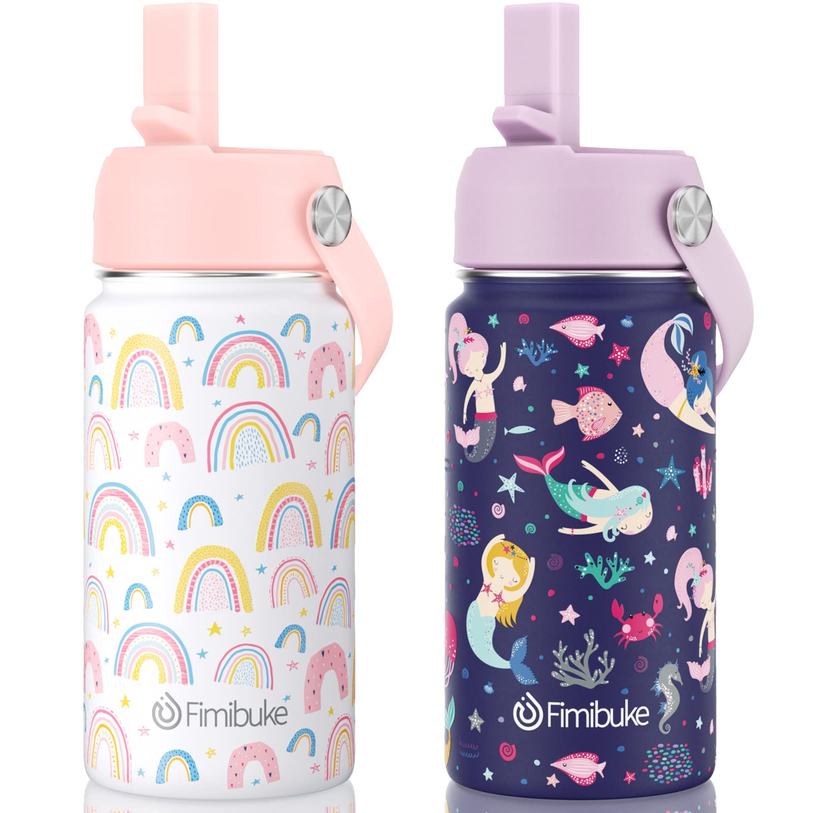 Photo 1 of Fimibuke Kids Insulated Water Bottle, 14oz BPA FREE Double Wall Vacuum Tumbler 18/8 Stainless Steel Leak Proof Kids Cups with Straw Metal Water Bottle for School Boy Girl (2 Pack, RAINBOW/MERMAID)