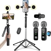 Content Creator Vlogging Kit,180CM Metal Selfie Stick Tripod with Light and Wireless Microphones,Vlogging Kit for iPhone/Android,Phone Tripod for Tiktok &amp;YouTube Starter Kit