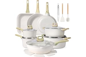 GiPP 21Psc Pots and Pans Set Non Stick White Granite Kitchen Cookware Sets Nonstick Induction Cookware Non-Toxic Cooking Pan 