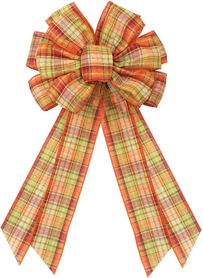 Bows & Ribbons - Large Fall Wreath Bows Thanksgiving Fall Bows Orange Buffalo Burlap Bows for Wreaths, Fall Ribbon Bows Tree Topper Bows for Thanksgiving Home Indoor Outdoor Decoration Wreath Ornament Supplies