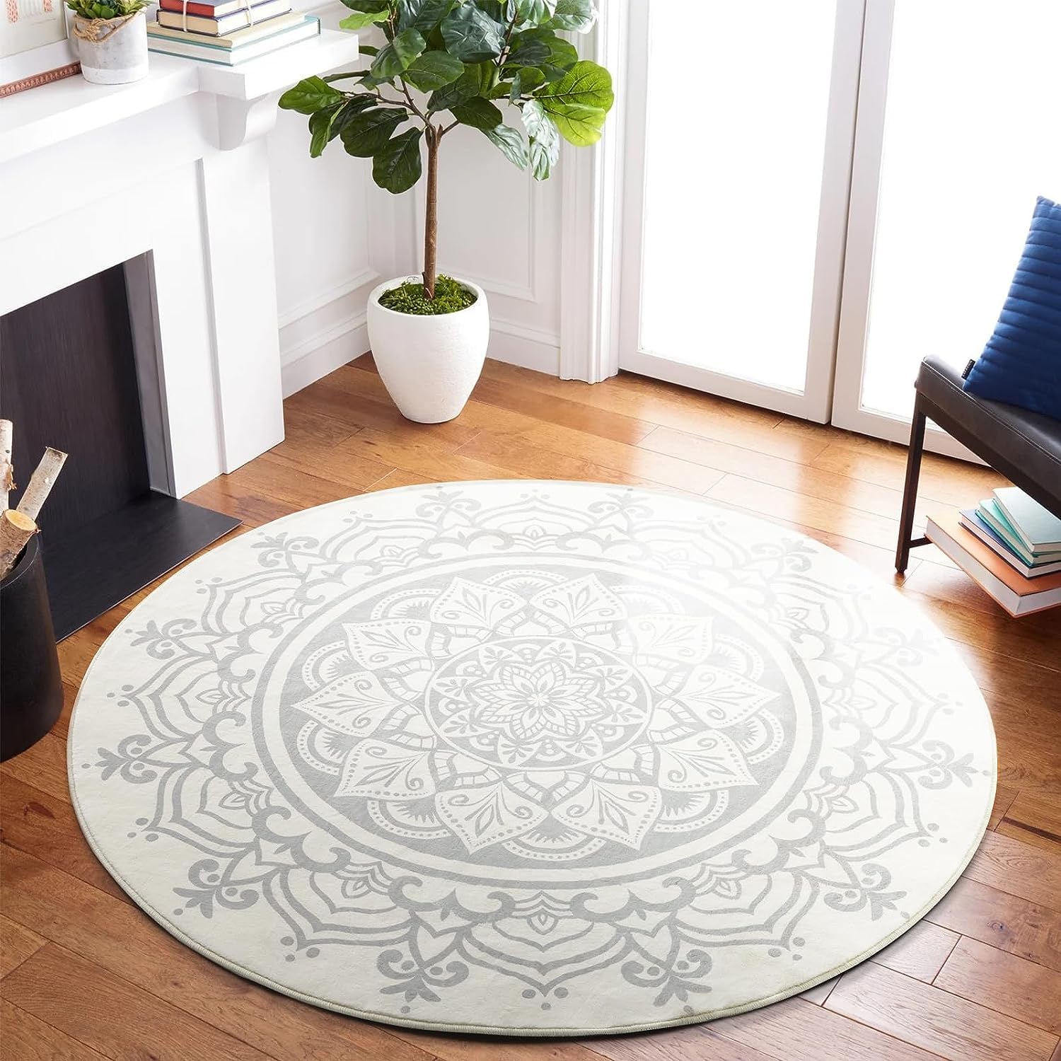 Carvapet Round Area Rug 90cm/3ft Soft Fluffy Circle Carpet Rug Short Pile Non Slip Washable Bohemian Mandala Floor Round Rugs for Living Room Bedroom(Grey Mandala)