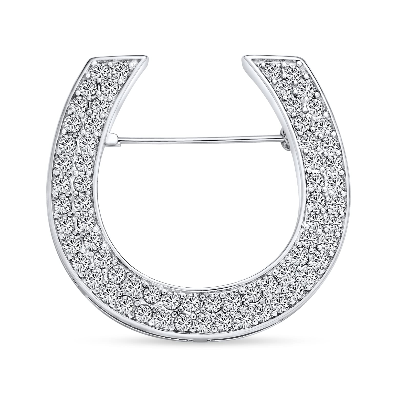 Large Western Fashion Statement Equestrian Cubic Zirconia Pave CZ Scarf Horseshoe Brooch Pin For Women Silver Plated Brass