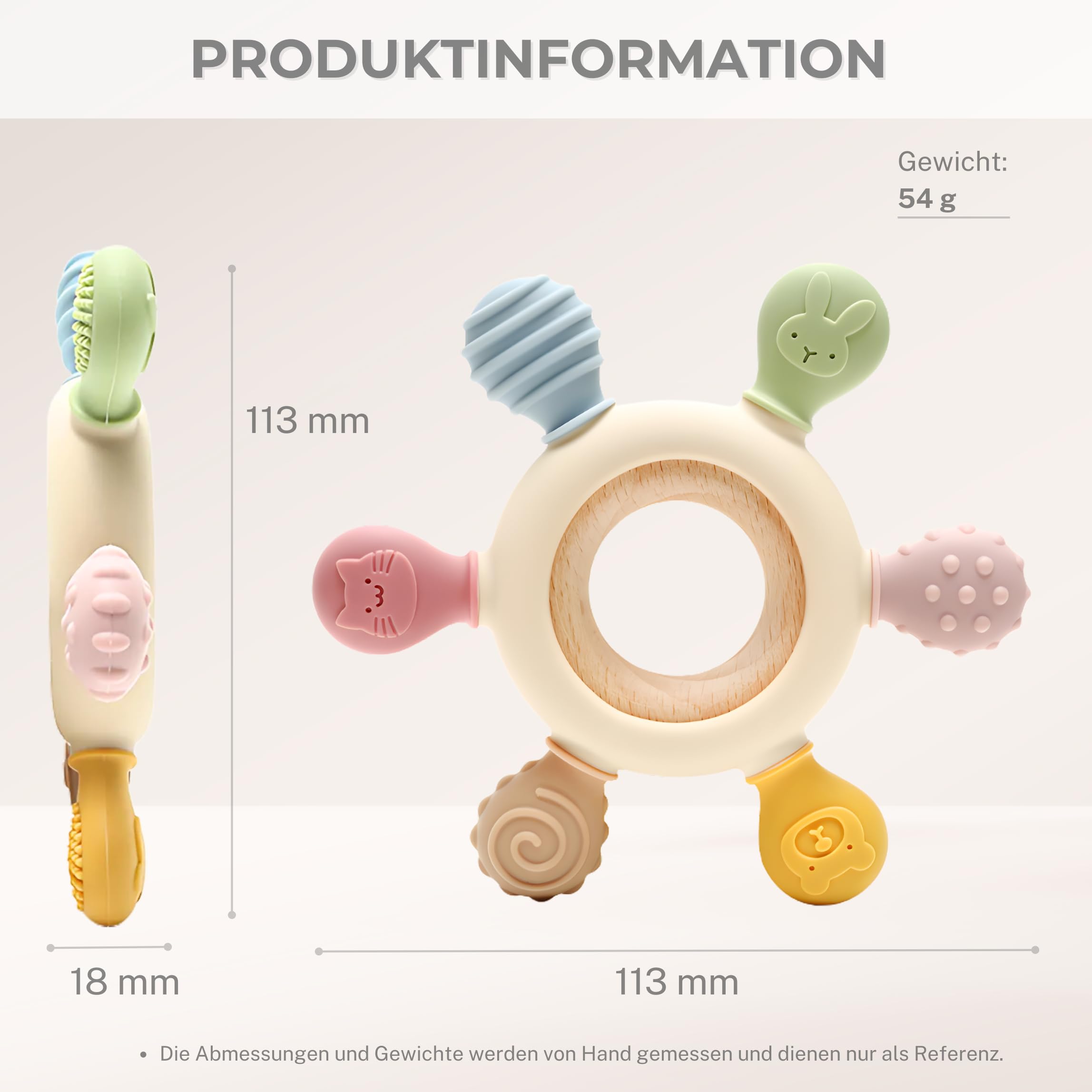 CAJA Beißring Baby BPA freie Zahnungshilfe und Beißspielzeug aus Silikon und Holz Greifring mit Tiermotiv Geschenkidee zur Geburt Sicheres Babyspielzeug für Jungen und Mädchen 2