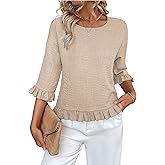 Urchics Womens Ruffle 3/4 Sleeve Tops Casual Linen Blouses Crew Neck Drop Shoulder Dressy Shirts Fall Outfits Khaki M
