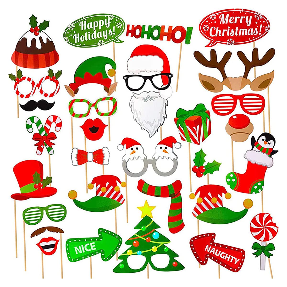 Jagowa 32PCS Christmas Photo Booth Props Xmas Santa Hat DIY Dress-up Party Decorations Photography Selfie Props Set For Christmas Supplies