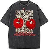 Women's Oversized Graphic Tees Cherry T Shirts Washed Vintage Casual Summer Baggy Cotton Tops Cute Grunge Shirt