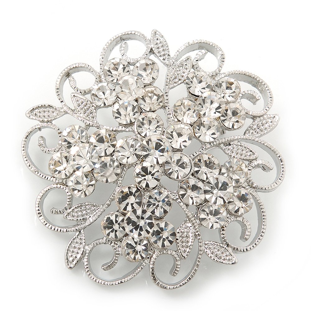 Clear Crystal Filigree Floral Brooch In Rhodium Plating - 43mm Diameter