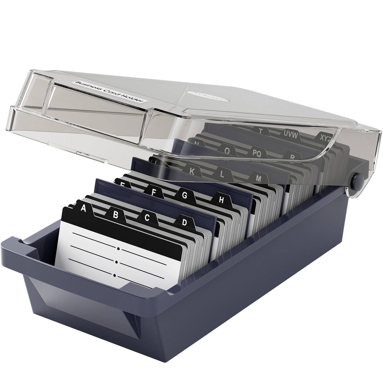Photo 1 of **MISSING INDEX CARDS** MaxGear Business Card Holder Desk, Large Plastic Business Card Organizer Box with Lid, Credit Cards Holder File Storage Case for Office & Home, Holds 500 3.5” x 2.2” Cards with A-Z Index Tabs, Gray
