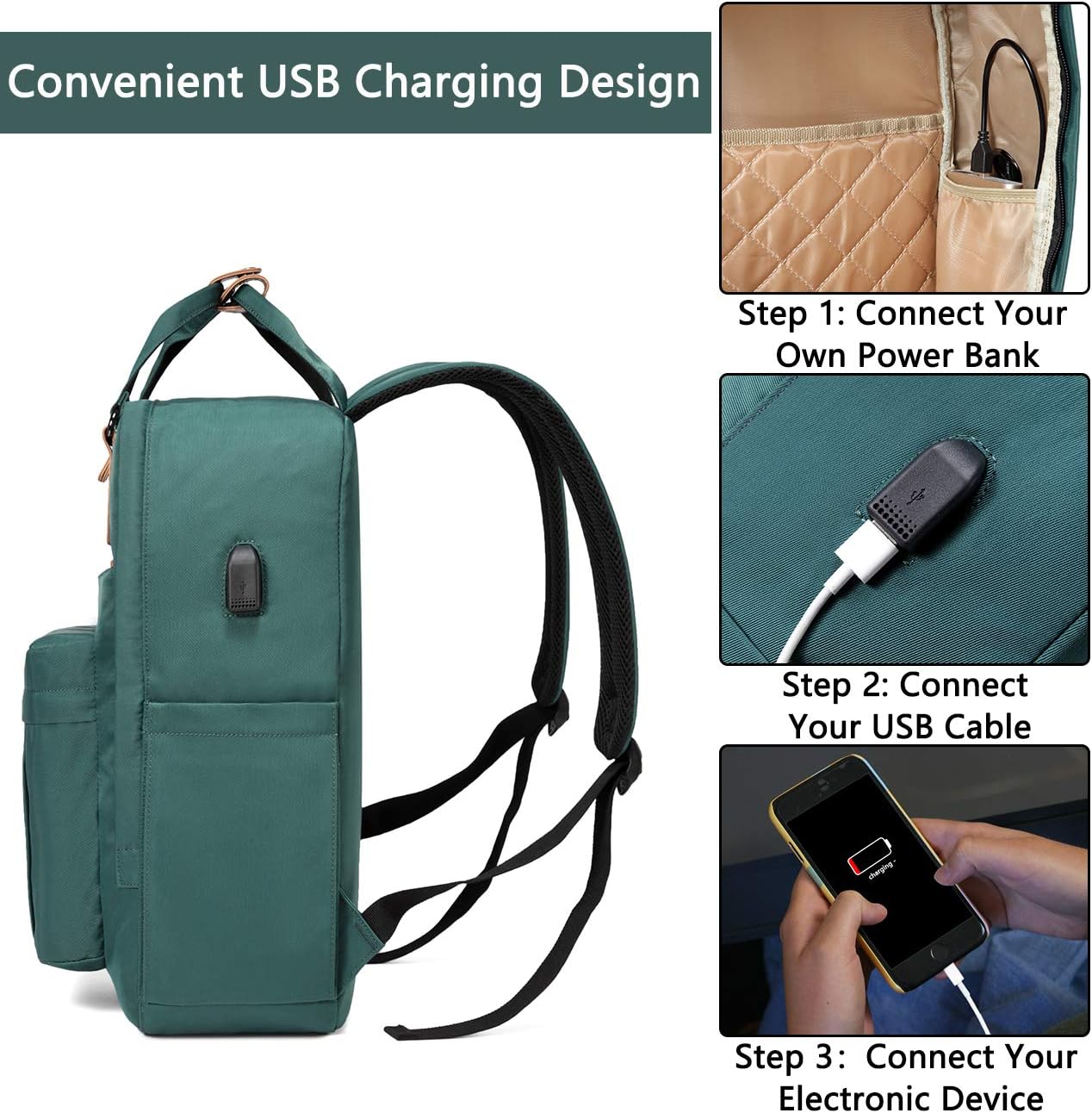 Kasgo School Backpack for Men Water Resistant 15.6 inch Laptop Rucksack with USB Charging Port Bookbag Casual Daypack for Women Teenagers College Travel Work (Dark Green) - Image 3