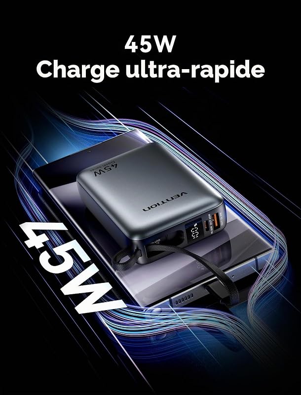 Mini Power Bank 45 W 20 000 mAh avec câble USB-C intégré, Chargeur Rapide PD/PPS, Batterie Externe de téléphone Portable avec écran LED pour iPhone 16/15/14, Galaxy S25/S24, iPad, Ordinateur