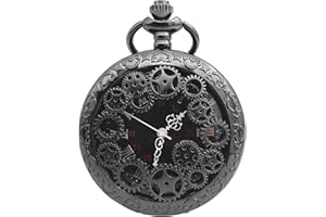 KAEVUD Steampunk Vintage Pocket Watch Hollow Gear Quartz Clock Black Dial Antique Japanese Movement Watch 14 in Chain for Men