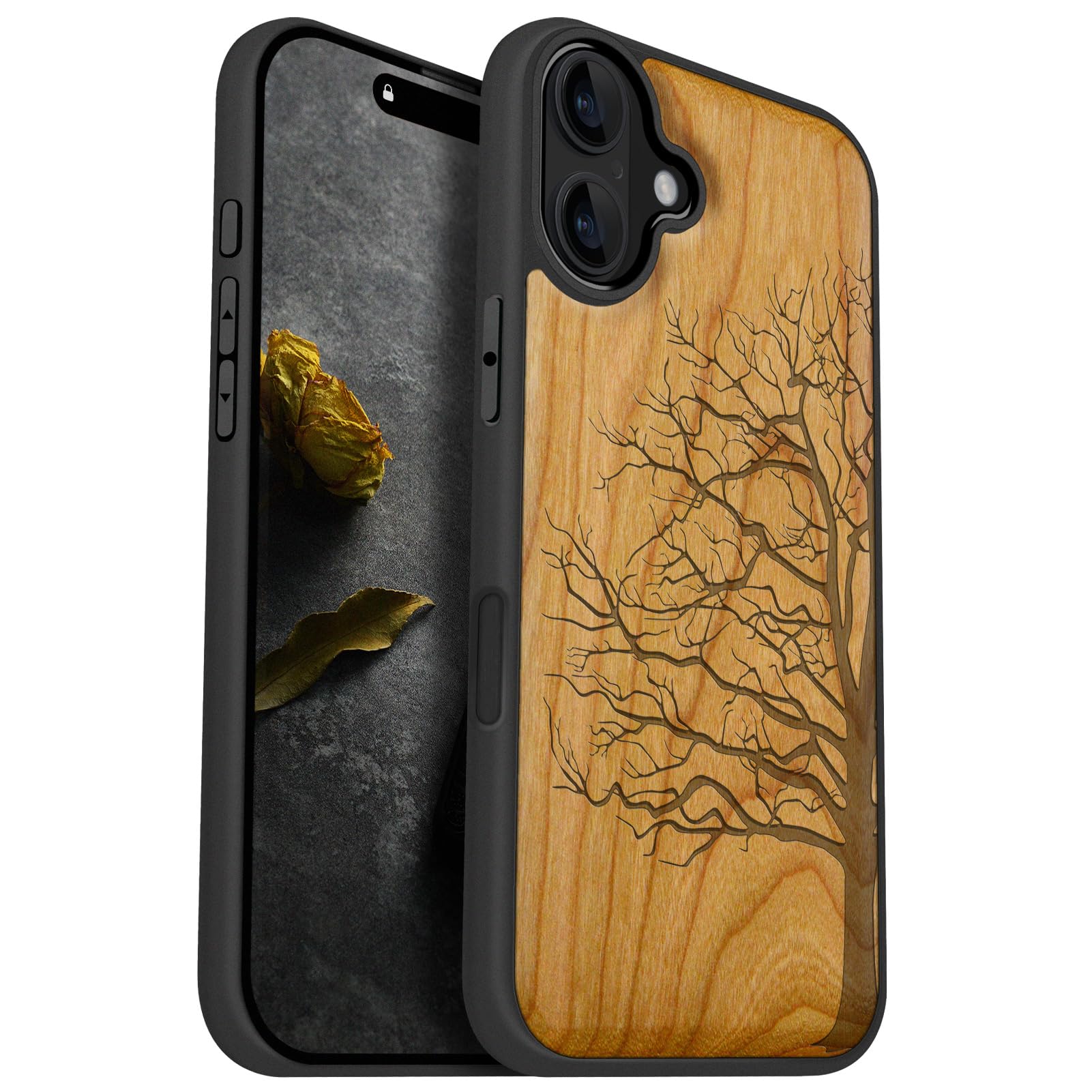 Carveit Magnetic Wood Case for iPhone 16 Plus - Solid Wood & Black Soft TPU Shockproof Protective Cover - Unique Wooden Case Compatible with MagSafe (Eternal Tree - Cherry)